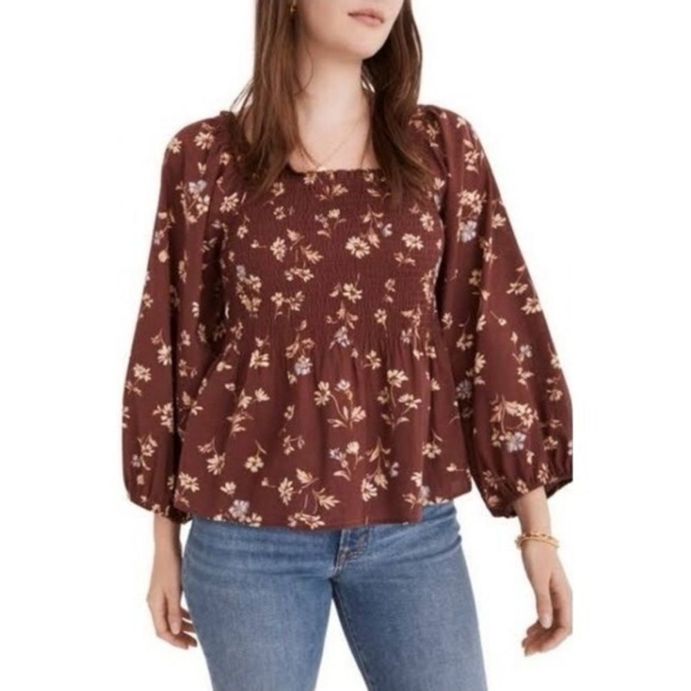 Madewell Lucie Brown Floral Smocked Peplum Top Square Neck Size 4